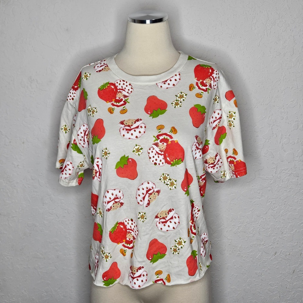 Strawberry Shortcake All Over Print Graphic T-Shirt White Red Cotton Women's L